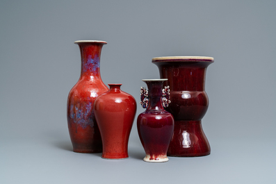 Four Chinese monochrome flamb&eacute; and sang-de-boeuf vases, 19/20th C.