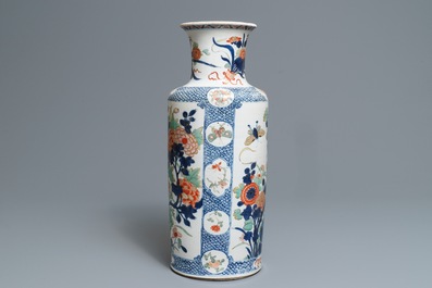 A Chinese famille verte rouleau vase with floral design, Kangxi