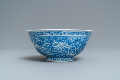 A Chinese blue and white 'mythical beasts' bowl, Guangxu mark, 19/20th C.