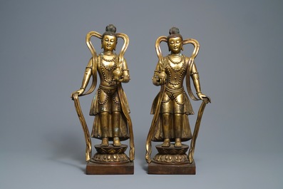 A pair of large Chinese gilt bronze figures, 19th C.