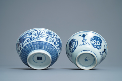 Five Chinese blue and white bowls, Kangxi/Yongzheng