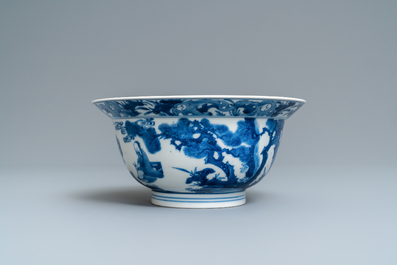 A Chinese blue and white klapmuts bowl with figures in a landscape, Kangxi mark and of the period