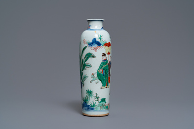 A Chinese wucai rouleau vase with figures in a landscape, Transitional period