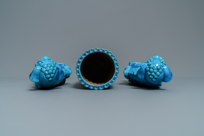 A pair of Chinese monochrome lavender blue vases, a turquoise hat stand and a pair of lions, 19/20th C.