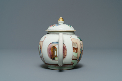A Chinese famille rose teapot and cover with ladies in a garden, Yongzheng