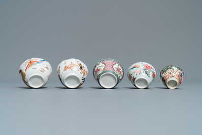 Six soucoupes et cinq tasses en porcelaine de Chine famille rose, Kangxi et apr&egrave;s