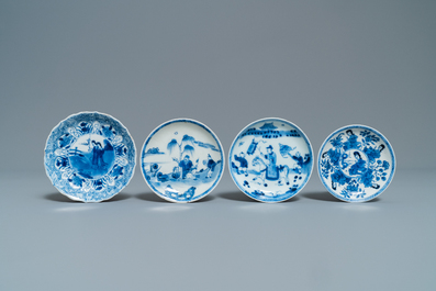 Four Chinese blue and white cups and saucers, Kangxi