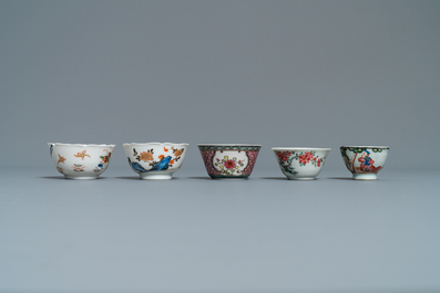 Six soucoupes et cinq tasses en porcelaine de Chine famille rose, Kangxi et apr&egrave;s