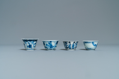 Four Chinese blue and white cups and saucers, Kangxi