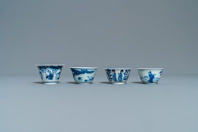 Four Chinese blue and white cups and saucers, Kangxi