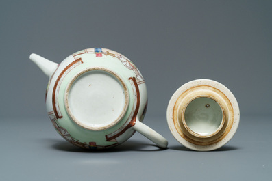 A Chinese famille rose teapot and cover with ladies in a garden, Yongzheng