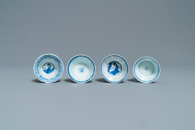 Four Chinese blue and white cups and saucers, Kangxi