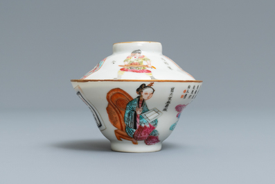 A Chinese famille rose 'Wu Shuang Pu' covered cup and saucer, Daoguang mark and of the period