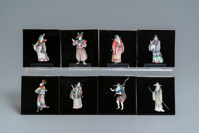 106 polychrome black-ground Dutch Delft tiles with Chinese figures, Makkum, 1985