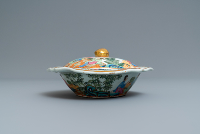 A Chinese Canton famille rose tureen and cover, a plate and a famille rose 'butterfly' bowl, 19th C.