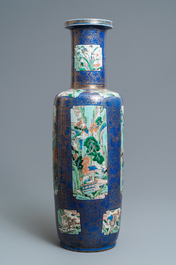 A massive Chinese famille verte on powder blue-ground rouleau vase, Kangxi