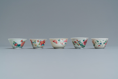 Five Chinese famille rose cups and saucers, Yongzheng/Qianlong