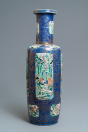 A massive Chinese famille verte on powder blue-ground rouleau vase, Kangxi