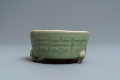 A Chinese Longquan celadon tripod censer with trigrams, Ming