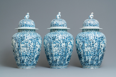 A large and impressive Dutch Delft blue and white five-piece garniture, 19th C.