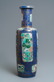 A massive Chinese famille verte on powder blue-ground rouleau vase, Kangxi