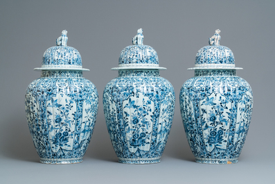 A large and impressive Dutch Delft blue and white five-piece garniture, 19th C.