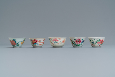 Five Chinese famille rose cups and saucers, Yongzheng/Qianlong