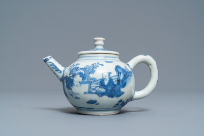 A Chinese blue and white teapot and cover with a figure in a landscape, Hatcher cargo shipwreck, Transitional period