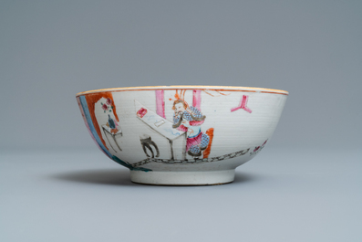 A Chinese famille rose bowl with figures in an interior, Yongzheng