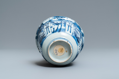 A Chinese blue and white kraak porcelain charger, a vase, a crow cup and a small plate, Wanli