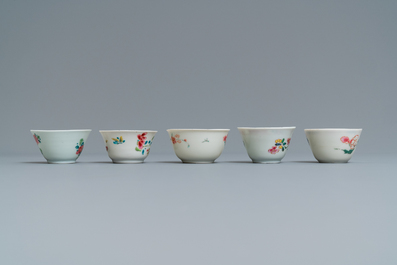 Five Chinese famille rose cups and saucers, Yongzheng/Qianlong