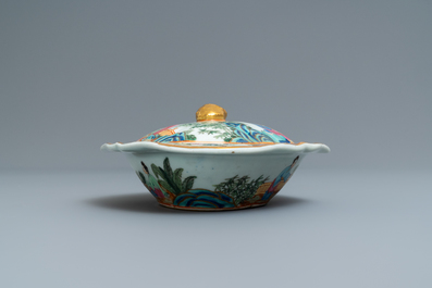 A Chinese Canton famille rose tureen and cover, a plate and a famille rose 'butterfly' bowl, 19th C.