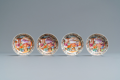 Seven Chinese famille rose 'Mandarin' cups and saucers, Qianlong