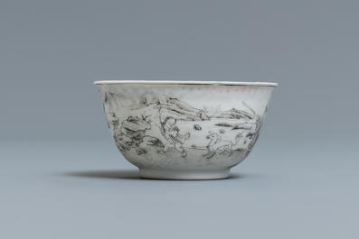 A fine Chinese grisaille cup and saucer with European noblemen, Yongzheng