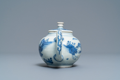 A Chinese blue and white teapot and cover with a figure in a landscape, Hatcher cargo shipwreck, Transitional period