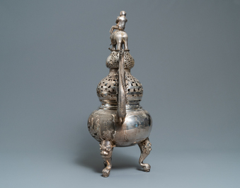 An exceptional large Chinese inscribed silver tripod censer on stand, 19th C.