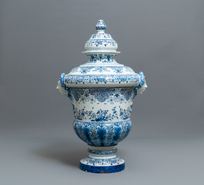 A massive Dutch Delft blue and white urn and cover, 19th C.