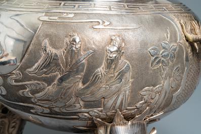 An exceptional large Chinese inscribed silver tripod censer on stand, 19th C.