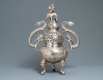 An exceptional large Chinese inscribed silver tripod censer on stand, 19th C.