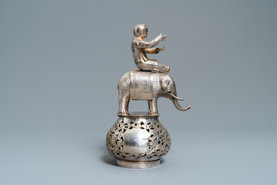 An exceptional large Chinese inscribed silver tripod censer on stand, 19th C.