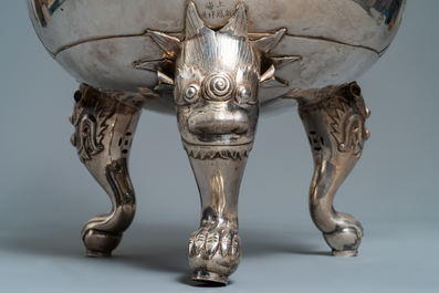 An exceptional large Chinese inscribed silver tripod censer on stand, 19th C.