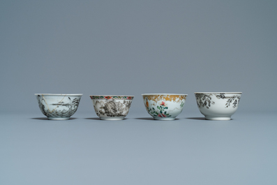 Twelve Chinese grisaille cups and eight saucers, Yongzheng/Qianlong