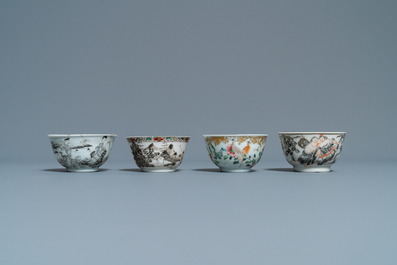 Twelve Chinese grisaille cups and eight saucers, Yongzheng/Qianlong