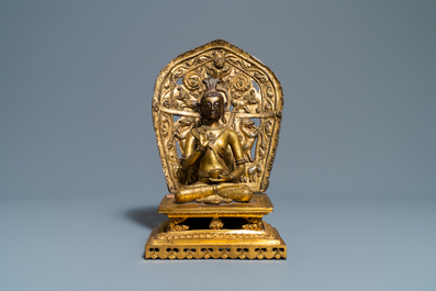 A Sino-Tibetan gilt bronze and copper repouss&eacute; figure of Buddha, 17/18th C.