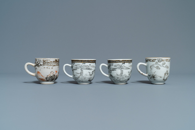 Twelve Chinese grisaille cups and eight saucers, Yongzheng/Qianlong