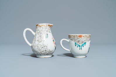 Une tasse et soucoupe et un pot &agrave; lait en porcelaine de Chine famille rose et grisaille, Yongzheng