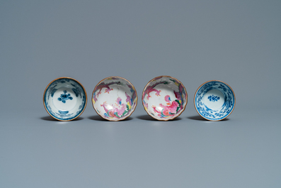 Huit tasses et soucoupes en porcelaine de Chine famille rose, bleu et blanc et rouge de fer sur fond capucin, Kangxi/Qianlong