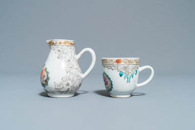 Une tasse et soucoupe et un pot &agrave; lait en porcelaine de Chine famille rose et grisaille, Yongzheng