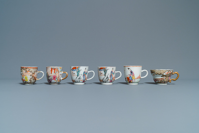 Six tasses et soucoupes en porcelaine de Chine famille rose &agrave; d&eacute;cor mandarin, Qianlong