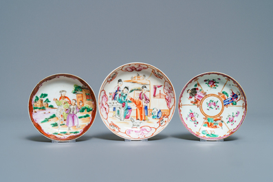 Thirteen Chinese famille rose cups and eleven saucers with mandarin design, Qianlong